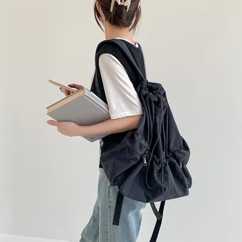 Модные рюкзаки с рюшами и завязками для женщин, эстетичный женский рюкзак из нейлоновой ткани, легкая студенческая сумка, дорожная женская сумка