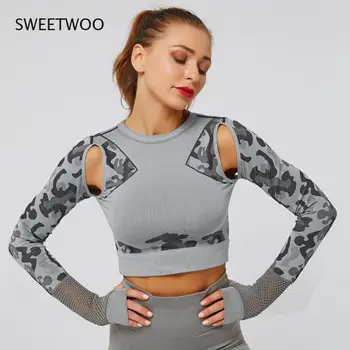 Весенняя женская футболка в стиле ретро, камуфляжный топ для йоги, бесшовная облегающая толстовка для фитнеса с длинным рукавом, футболка, блузка