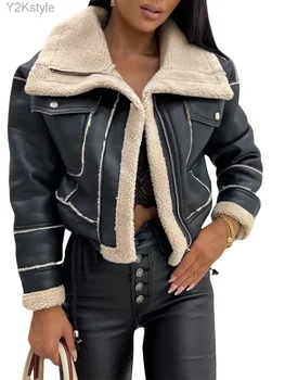 Женская байкерская куртка из искусственной кожи с воротником, отороченным искусственным мехом, винтажное мото-пальто, теплая зимняя верхняя одежда
