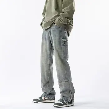 Джинсовые брюки Y2K High Street на молнии, мужские комбинезоны в американском стиле ретро, свободные широкие брюки с прямыми штанинами